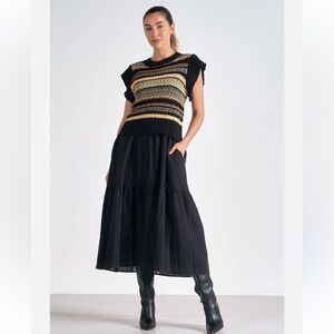 ELAN Sweater Bodice Crew Neckline Cap Sleeve Midi Dress Black Knit Top‎ Size S
